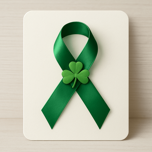 Green ribbon with shamrock in a white paper-card with rounded corners, front view..