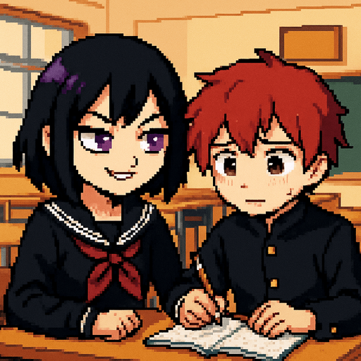 A cute anime-style girl in pixel art, with an emo aesthetic, striking purple eyes, and a classic Japanese school uniform (sailor fuku), is studying with furrowed brows and a confident smile. She sits next to a shy red-haired boy with red eyes, also in pixel art style. Their desks are pushed together, and on the boy’s desk lies an open notebook, which he nervously stares at while holding a graphite pencil. The girl looks at him with a mix of sternness and confidence, convinced he won’t pass the exam. The background depicts a typical Japanese classroom.