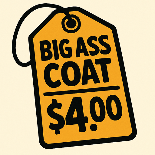 Price tag that says big ass coat $4.00.
In-Game asset.  2d.  High contrast.  No shadows
