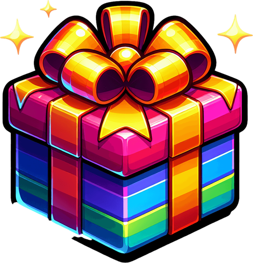 gift wrapped box, vivid colours. with bow on top Single Game Texture. In-Game asset. 2d. Blank background. High contrast. No shadows. Single Game Texture. In-Game asset. 2d. Blank background. High contrast. No shadows.
