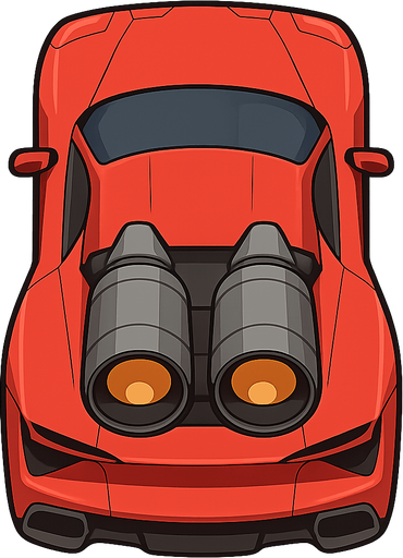 a top view of the supercar with rocket engines on the back. No background. Transparent background. Blank background. No shadows. 2d. In-Game asset. flat