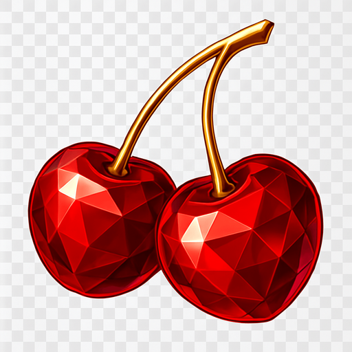 Crea un asset para el símbolo 'E' de Megaways: Cerezas Lujosas.
Dos cerezas rojas, estilizadas para parecer joyas o gemas, con una superficie brillante y reflejos. El tallo debe ser fino y elegante. Colores rojos intensos y brillantes. Estilo de casino sofisticado. Fondo transparente. Un giro elegante a un clásico (20x).
In-Game asset.  2d.  High contrast.  No shadows