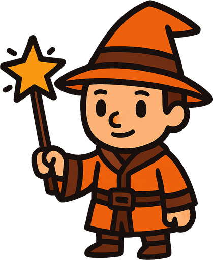 Mago con sombrero naranja y marrón sin barba con varita con estrella, de cuerpo entero.
In-Game asset.  2d.  High contrast.  No shadows