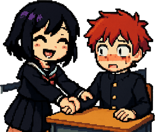 In pixel art style, a cute anime-style girl with an emo aesthetic, striking purple eyes, and a Japanese school uniform (sailor fuku) suddenly pulls the hand of a shy red-haired boy with red eyes, who is wearing a gakuran and sitting in front of a rectangular desk. She smiles brightly with her eyes closed as she yanks him toward her, pulling him out of his seat. The boy looks confused and nervous, flustered by the sudden physical contact. In the background, a typical Japanese classroom can be seen.