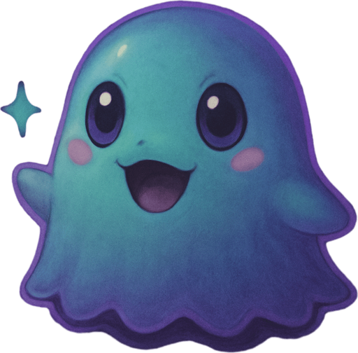 Kawaii neon ghost spirit creature style of Pokémon Ghibli