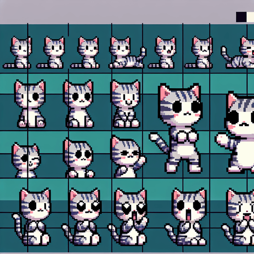 A spritesheet of a character sprite, which is a little grey and white striped cat, in various poses of sitting, looking happy, looking sad. Pixelart. The sprites should be laid out on a rectangular grid with clear space between them.Top down perspective..
Single Game Texture. In-Game asset. 2d. Blank background. High contrast. No shadows.