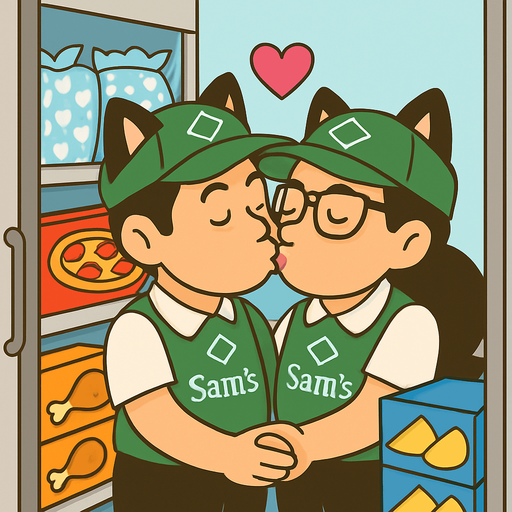 Has que estos dos personajes se esten besando en un congelador de sams club, escondidos entre los productos. agrega corazoncitos y evita el tono sepia, debe ser alegre