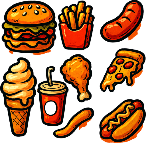an image for each cell that is food theme based and fat and greasy and fast food.
In-Game asset.  2d.  High contrast.  No shadows