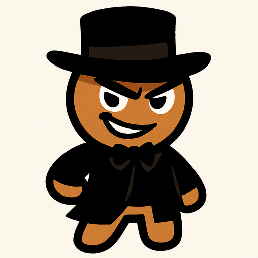 Bana biraz sinsi gülüş atan, siyah şapkası ve giysisi olan bir kurabiye çiz (Asil dursun) ..
In-Game asset.  2d.  High contrast.  No shadows