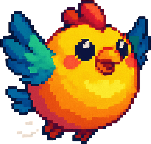 Big fat flaying bird ( Piksel art). Colorful. Cute. 
In-Game asset.  2d.  High contrast.