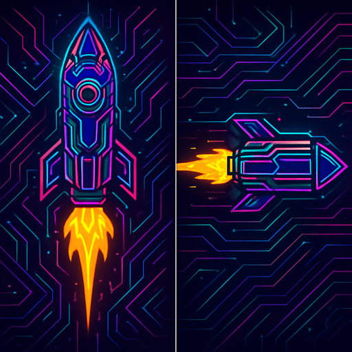Pack of cyber rocket shot assets. small fire on the back. mixed cyberpunk + abstract lines. Vertical rocket going up. Horizontal rocket going right. No diagonal rocket. HD colors
In-Game asset.  2d.  High contrast.  No shadows.