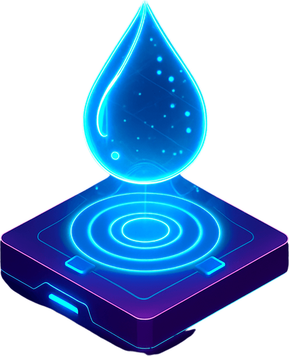 Top down isometric neon cyberpunk 3d glowing water drop hologram projection