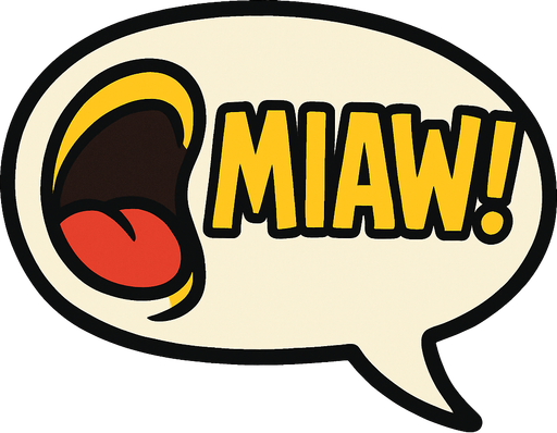 Simple cartoon speech bubble with big open mouth icon and uppercase lettering 'MIAW!'. Bubble tail on the right.
Single Game Texture.  In-Game asset.  2d.  Blank background.  High contrast.  No shadows