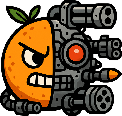 an orange circle with half of it being a cyborg and it is equiped with lots of weaponary.
In-Game asset.  2d.  High contrast.  No shadows
