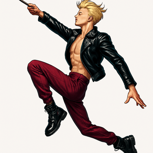 Swishy graceful man opposite arm and leg in front Cyberpunk manga, side profile view jumping pushing off the ground one leg extended one knee raised arm extended overhead Superman flying but fashion pose looking skyward torpedo magic launching leap jump, shiny black leather biker jacket longsleeves shirtless Skinny abs blonde pompadour guy, wine red joggers combat boots, Background removed, "Full-body character, entirely in frame, no cropping of face, head, or feet" "Complete character visible, from head to toe, fully centered in the image" "Entire character, including face and boots, fully within the frame" Character fully contained within a square frame, no edges cut off fashion model idle action pose