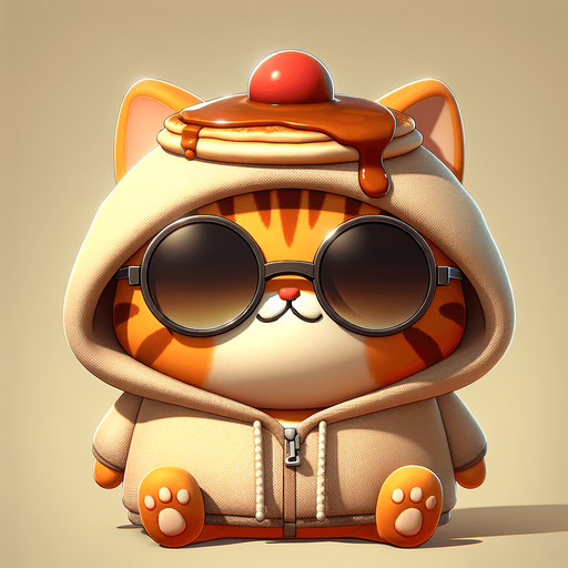 The character in the image is a cartoon-style, orange tabby cat with noticeable stripes. It has a round face, big black eyes covered by oversized, round, dark opaque sunglasses, and a prominent, exaggerated red pout in the shape of a duck's bill that stretches across the entire width of its face. The cat's body is smaller in comparison to its head, giving it a cute, chubby appearance. It's wearing a simple, light-colored hoodie with a drawstring. On its head, rather humorously, sits a pancake, serving as an unconventional hat, with syrup artfully dripping down its sides. The cat sits with its paws visible in front, showing a relaxed posture. The overall style is playful and whimsical, perfect for a casual mascot or a character in a children's book..
Single Game Texture. In-Game asset. 2d. Blank background. High contrast. No shadows.