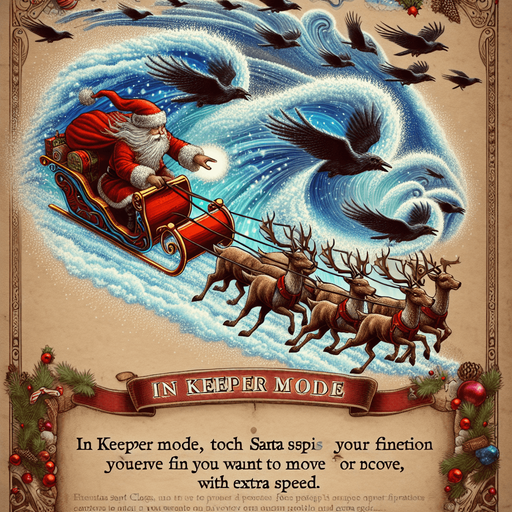 a pergament of Santa Clause on his flying sledge with reindeers, he flees for ravens and leaves a big frosty cloud behind him. There is the text "In Keeper Mode, you can touch santa and swipe your finger into the direction you want to move with extra speed"