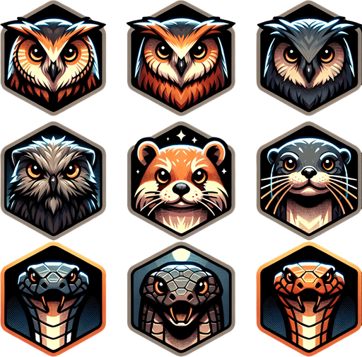 A sprite sheet for game icons featuring an owl, an otter and a snake. Hexagon icons featuring the head of animal. 
Single Game Texture. In-Game asset. 2d. Blank background. High contrast. No shadows.