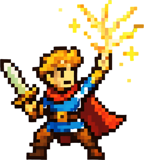 a hero, channeling, pixel art.
In-Game asset.  2d.  High contrast.  No shadows