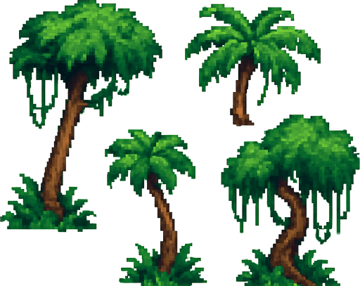 Generame arboles pixelar, de jungla, en fondo balnco.
In-Game asset.  2d.  High contrast.  No shadows
