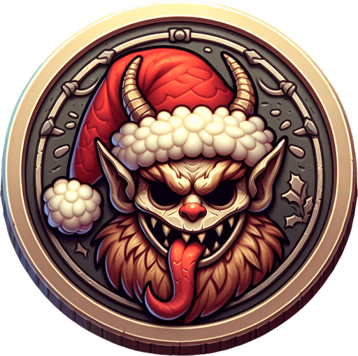 krampus with a christmas hat coin embossed on it png.
Single Game Texture. In-Game asset. 2d. Blank background. High contrast. No shadows.