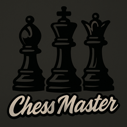 en altla havalı kalın ve grafik çizim olarak italik bir yazıyla Chess Master yazan koyu renk temalı 3 adet ortada büyük şah sağda vezir ve solda fil olacak şekilde satranç taşları.
In-Game asset.  2d.  High contrast.  No shadows