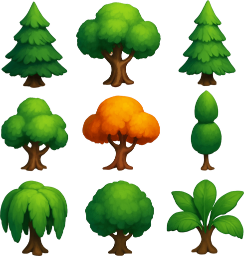 Pack of different tree, painted 3D tree, without black lines around it!
In-Game asset.  High contrast.  No shadows. 3D
