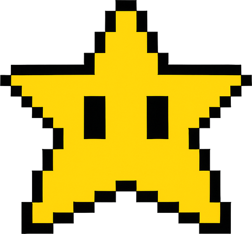 Yellow star with Black eyes style pixel art.
2d.  High contrast.  No shadows
