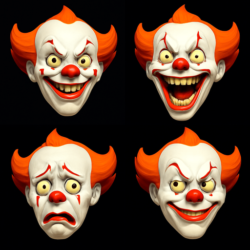 3D penny jack the clone from the movie, Scary but funny and cute face meme. only face. different faces look
In-Game asset.  3D.  High contrast.  No shadows