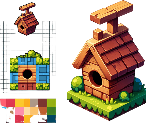 Make a cartoon-style birdhouse obstacle for a helicopter game. The birdhouse should have a wood texture, a circular hole, a tiny roof, and bright colors. Optionally add a little cartoon bird peeking out..
Single Game Texture.  In-Game asset.  2d.  Blank background.  High contrast.  No shadows