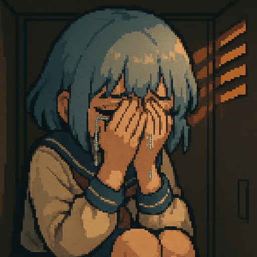 Yui is a cute 15-year-old anime girl with big black eyes and short, soft blue-gray hair (HEX: #b0b9d8). She wears a traditional Japanese school uniform called a sailor fuku. In this Pixel Art scene, Yui is clearly devastated—she’s hunched over in a slouched, defeated posture, crying intensely. Many visible tears stream down her cheeks, slipping past her fingers as she covers her face with both hands. Her entire body language screams sadness; it’s raw, heavy, and impossible to ignore. She’s inside a school locker, and although she’s looking outward through the metal grate, her face is mostly hidden behind her trembling hands. The entire scene is viewed from inside the locker, with soft light coming through the vents, casting delicate shadows across her curled-up figure and highlighting the depth of her heartbreak. The atmosphere is heavy, emotional, and quietly heartbreaking—yet still family-friendly in tone.