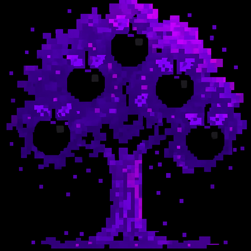 fruits are black with purple leaves and particles around them