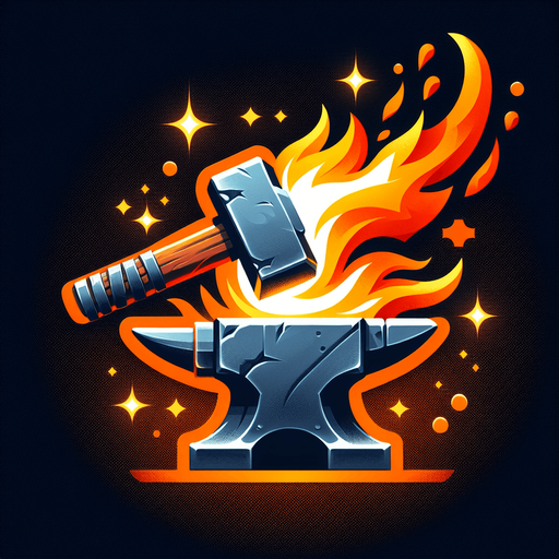 A stylized hammer striking an anvil, creating fiery sparks or engulfing the hammer head in flames..
Single Game Texture.  In-Game asset.  2d.  Blank background.  High contrast.  No shadows