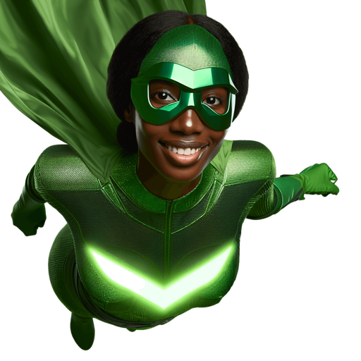portrait of an garbage collector superhero woman wearing a green eyes mask, flying facing us, smiling in neon green suit..
single sprite, blank background.
