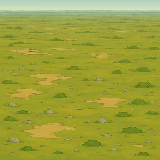 Here’s a prompt for a very distant, wide-angle view of a tree-free forest floor:

**Prompt:**
A very distant, wide-angle aerial view of a tree-free forest floor, showing expansive grassy plains with patches of dirt, scattered rocks, and low vegetation. The terrain stretches far into the horizon with subtle color variations and soft natural lighting, creating a vast, open, and serene natural environment without any trees..
In-Game asset.  2d.  High contrast.  No shadows