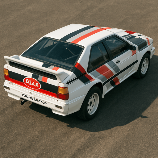 Photorealistic white audi b2 quattro RALLYCAR with red,grey,black stripes livery, drone topview from back. Angle should be 45 degrees in the top right corner of the screen.