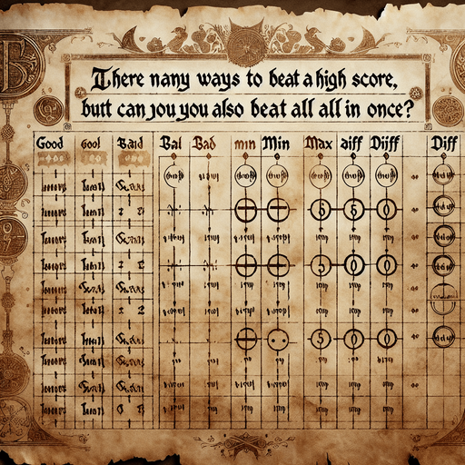 There is the text: "there are many ways zo beat a highscore, but can you also beat all in once?" On a pergament with many highscores called good, bad, max, min and diff.
