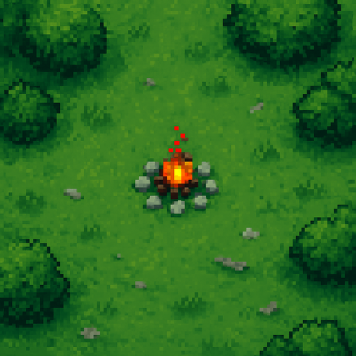 Kamp ateşi ve etrafındaki taşlar daha küçük olsun ve harita daha büyük olsun(daha da yukarıdan bakıyormuş gibi)