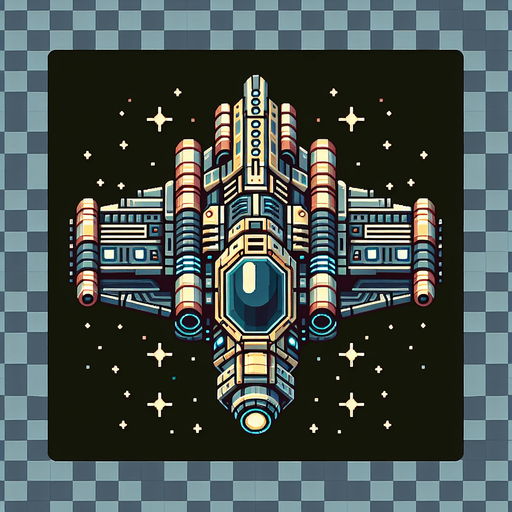 retro 2d spaceship, top view.
Single Game Texture.  In-Game asset.  2d.  transparent background.  High contrast.  No shadows