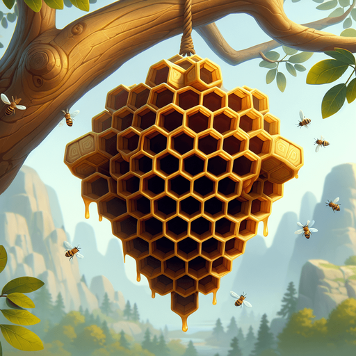 realistic honeycomb hanging from a tree.
In-Game asset. 2d. Blank background. High contrast. No shadows. No perspective.