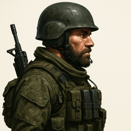 Komando, yazısız, gerçekçi, yandan görünüm.
In-Game asset.  2d.  High contrast.  No shadows