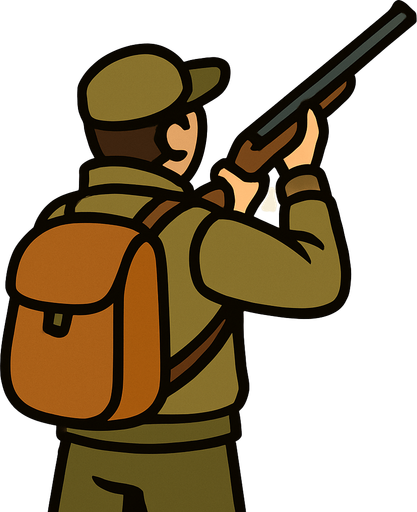 Silahını yukarı doğrultup nişan almış bir ördek avcısının arkadan görünüşünü çiz.
In-Game asset.  2d.  High contrast.  No shadows