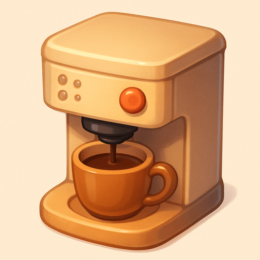 A coffee machine. Cute soft graphics. soft ambient light. semi-matte to satin surfaces. naturalistic with slight saturation boost colors. 
In-Game asset.  2d.  High contrast.  No shadows. top down..
In-Game asset.  2d.  High contrast.  No shadows