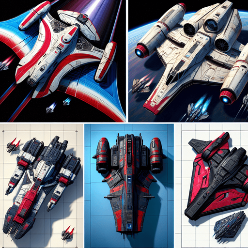pack de starship, hero, nave espacial, de espalda, legendary galaxy starchip, colores vibrantes, colorida, colores rojo y balco, azul y blanco, negro y rojo, naves.
Single Game Texture. In-Game asset. 2d. Blank background. High contrast. No shadows.