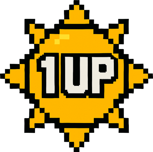 un sol con la leyenda "1 UP".
In-Game asset.  2d.  High contrast.  No shadows