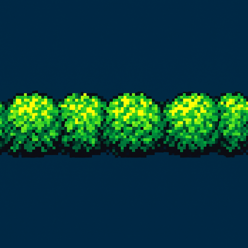 A long horizontal line of low bushes. Top down view. 80s arcade machine graphics..
In-Game asset.  2d.  High contrast.  No shadows