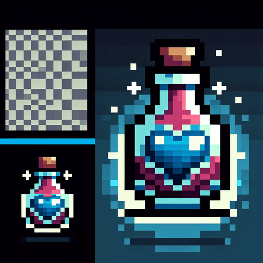 gothic pixel art potion with a blue heart symbol
Single Game Texture. In-Game asset. 2d. Blank background. High contrast. No shadows.