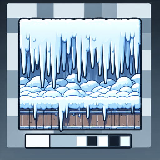 Simple Row of iceales hanging from snowy bar, cartoon. Flat, seen from side. Single Game Texture. In-Game asset. 2d. Blank background. High contrast. No shadows.