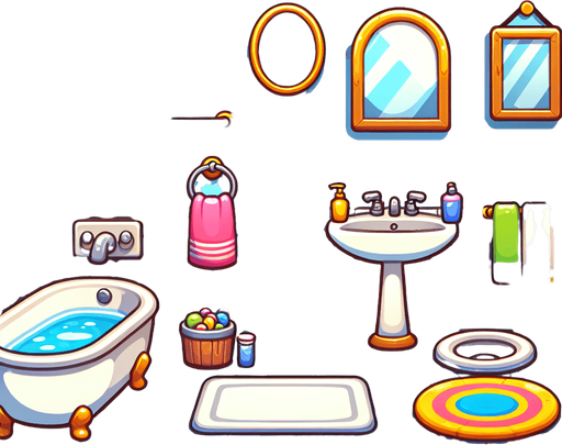 Bathroom cartoony.
In-Game asset.  2d.  High contrast.  No shadows