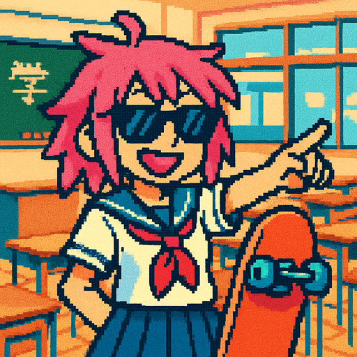 She’s a cute anime girl with a free-spirited and rebellious vibe. Her hair is pink, and she’s wearing a traditional Japanese school uniform (sailor fuku). She sports dark sunglasses and holds a skateboard in one hand while pointing with the other. Her face lights up with a big smile and mischievous pink eyes that match her hair. In the background, there's a Japanese classroom, and the entire artwork is done in Pixel Art style..
In-Game asset.  2d.  High contrast.  No shadows